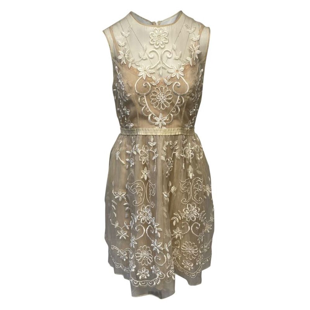 Needle & Thread Sleeveless Lace Dress in Beige Silk